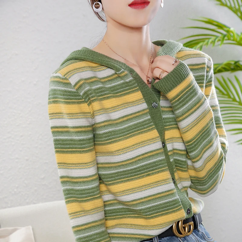 

women's cardigans natural wool spring warm knitted outwear hooded full sleeves short casual jacket female striped cardigan