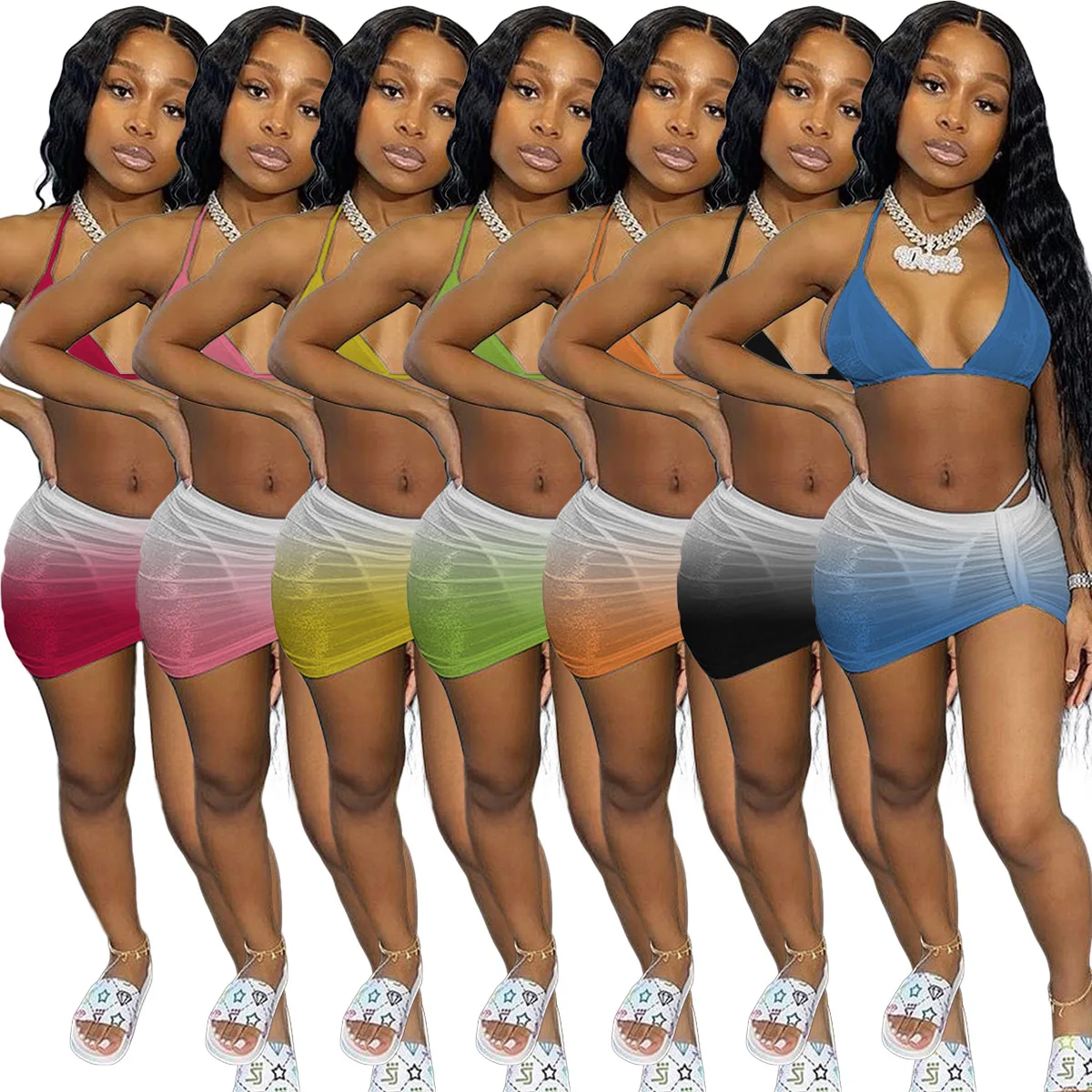 

Модные пикантные летние женские градиентное бикини купальный костюм из 3 предметов пляжные юбки