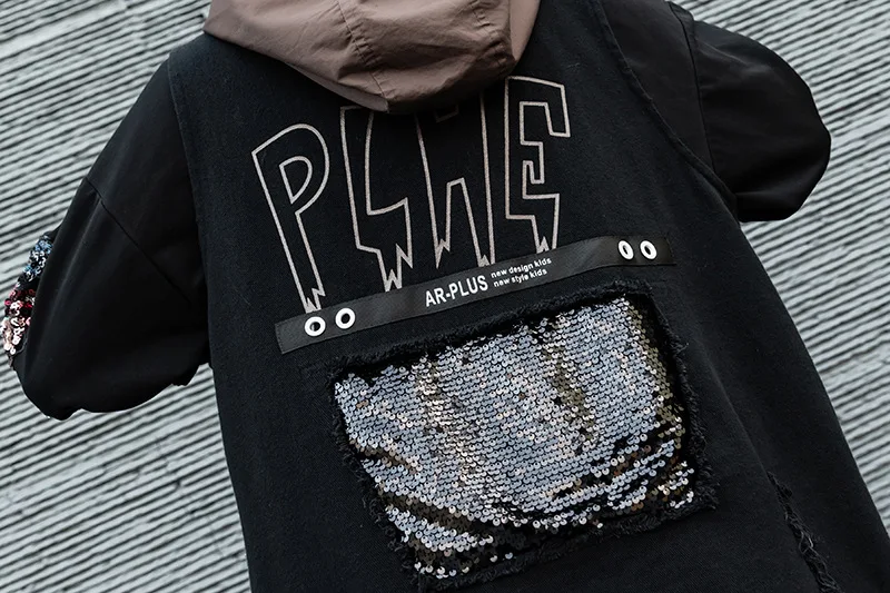 

Women's Sleeveless Jacket 2021 Spring Woman Denim Vest Sequin Waistcoat Hood Oversized Patchwork Clothing Black Zipper Up XC396