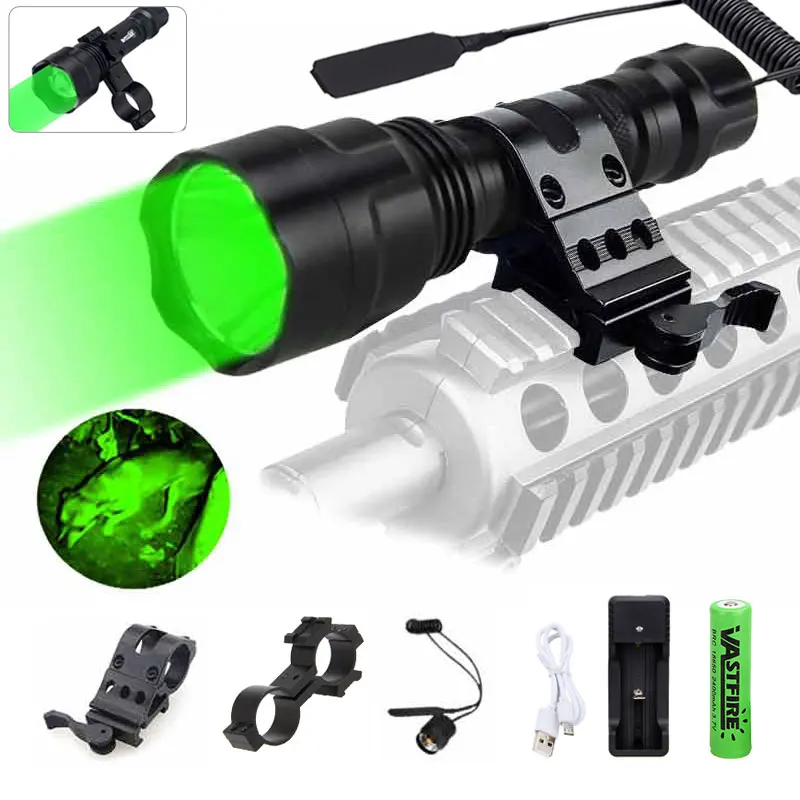 

XM-L T6 LED Tactical Torch Flashlight C8 Green/Red/White waterproof Hunting Rifle Light Lamp+Scope Mount+Switch+18650+Charger