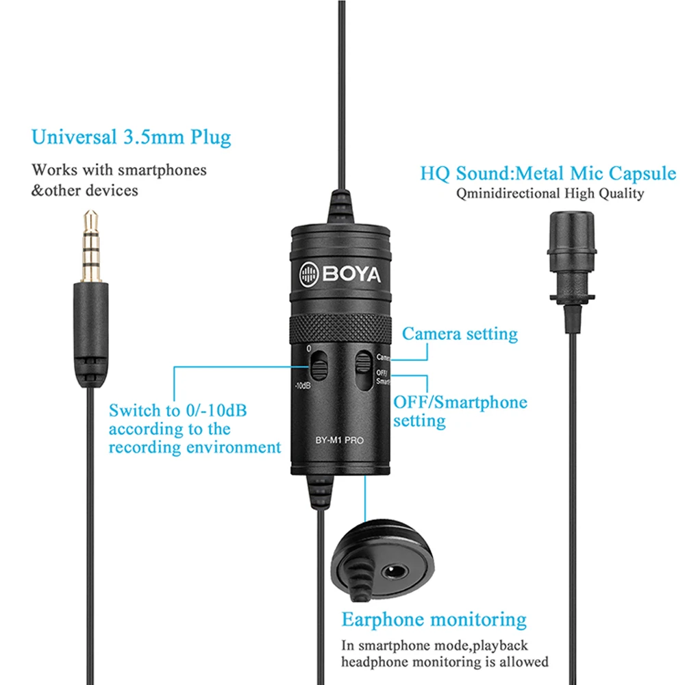 

BOYA BY-M1 Pro Microphone 6m Clip-on Lavalier Mini Audio 3.5mm Collar Condenser Lapel Mic for Smartphone DSLR Camcorder Audio