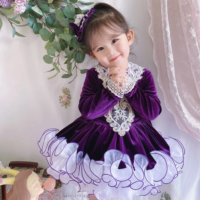 Purple Velvet spring Lolita Palace Girl Princess Spanish Girls Dress Children Dress Birthday Party Toddler Girl newyear Outfits