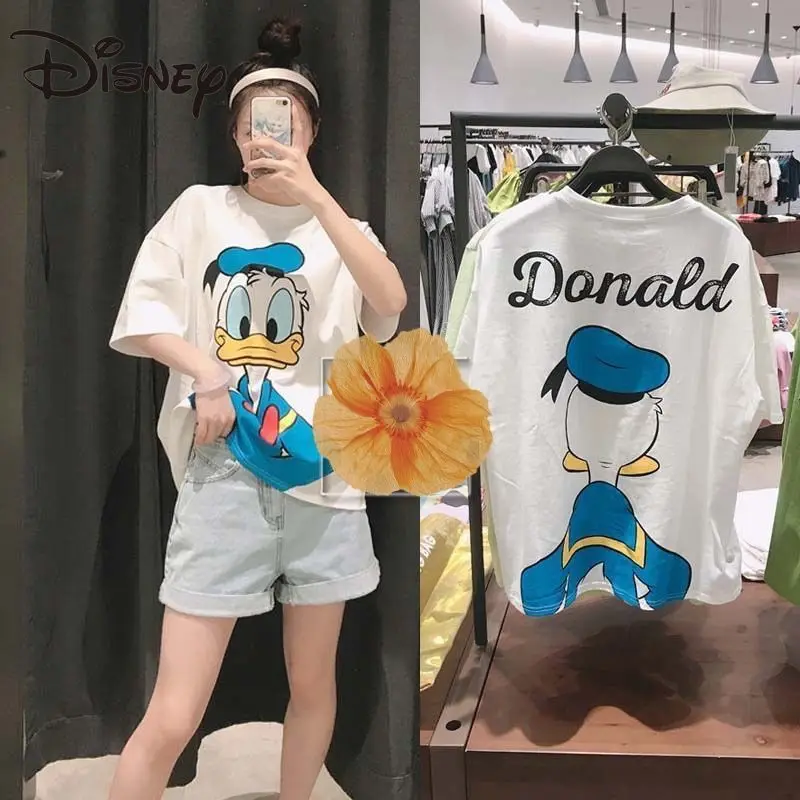

Disney весенне-летняя модная женская сумочка, versatileroundcollartop «Дональд Дак» свободная хлопковая футболка с коротким рукавом, футболка с длинными ...