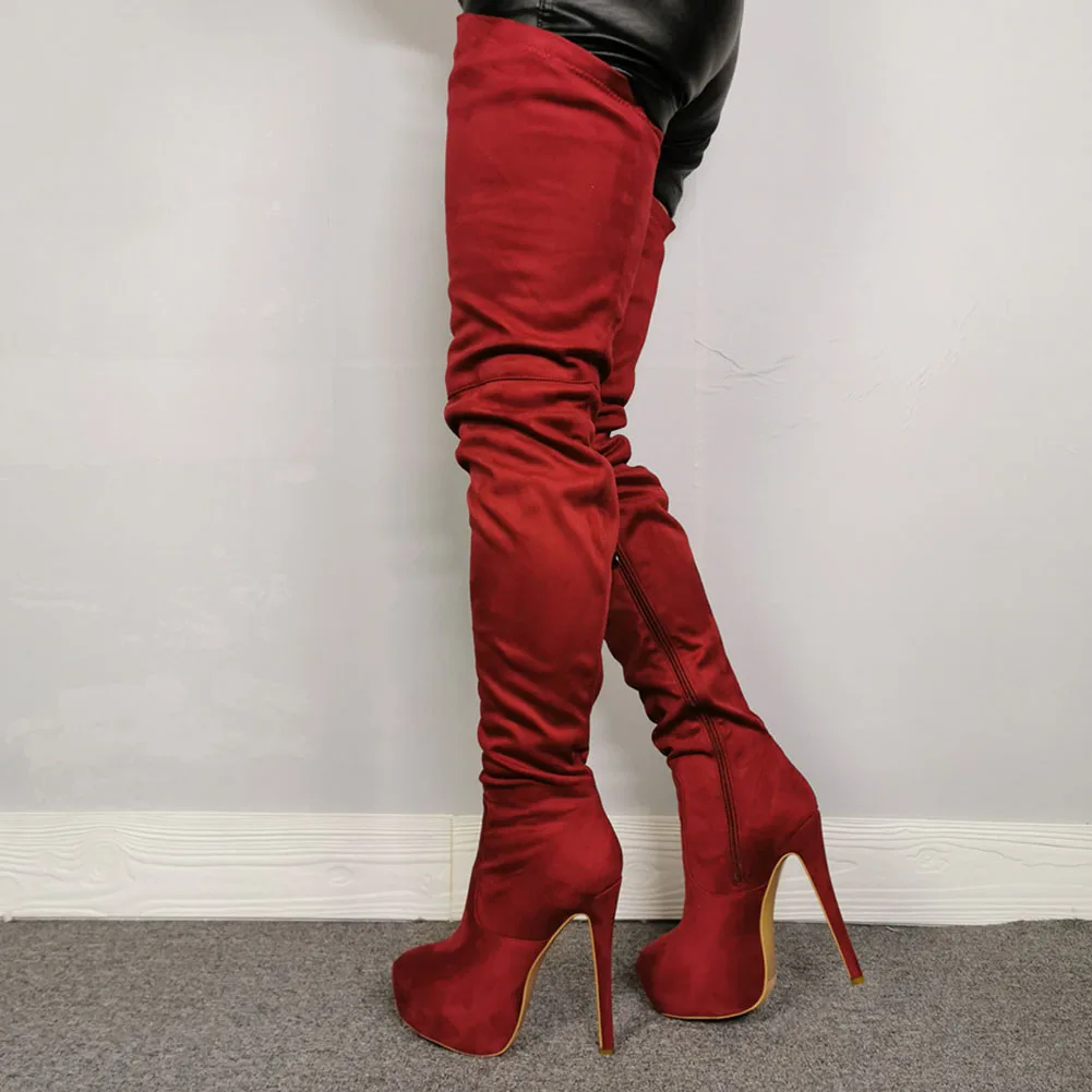 

RIBETRINI INS Hot Girl Fashion Zipper High Heels Knee High Boots Flock Platform Flock Party Boots Women Sexy Autumn Shoes Woman