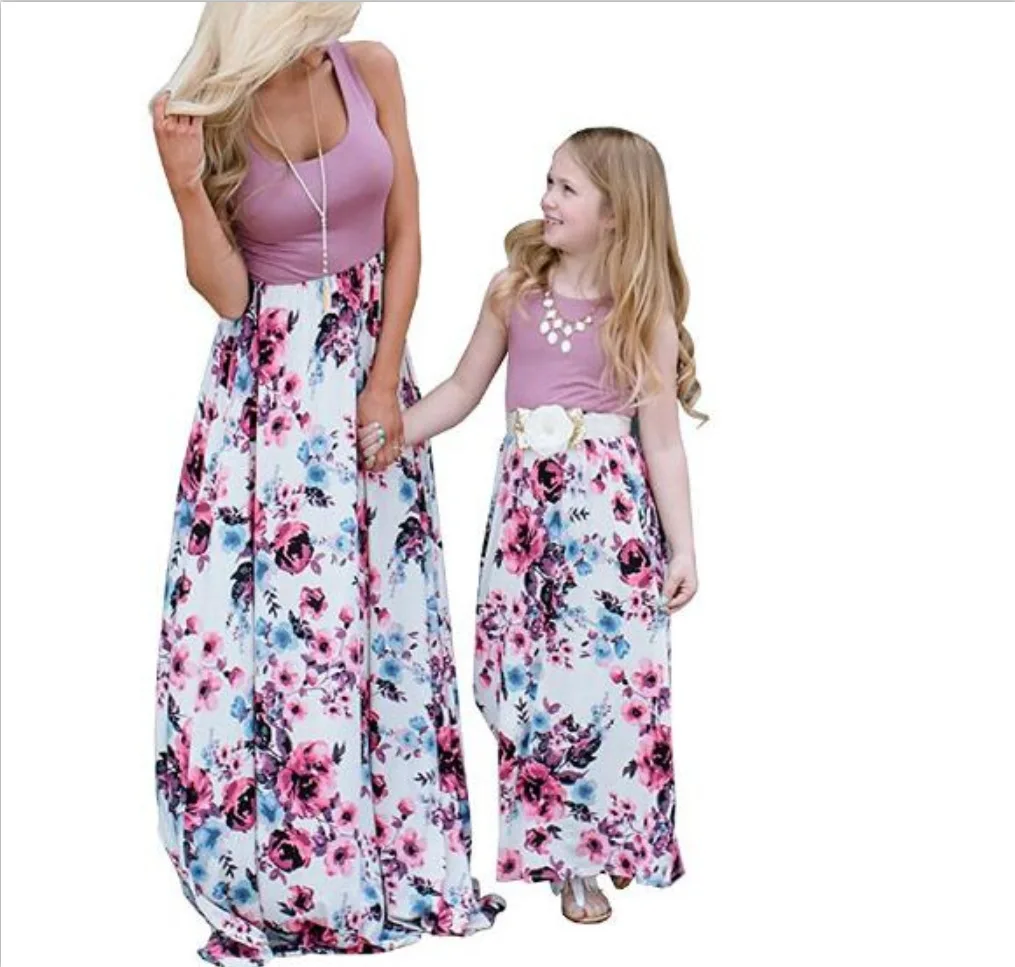 

2021 New Spring and Summer Long Skirt Polyester Material Women's Clothing Mother Daugter Parent-child Dress with Side Pocket
