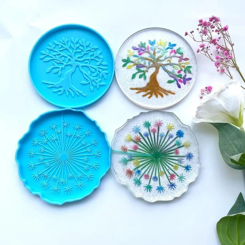 

M2EA Dandelion Tree of Life Mirror Coaster Molds for Resin Casting Large Epoxy Resin Mold for Artificial Agate Sheet