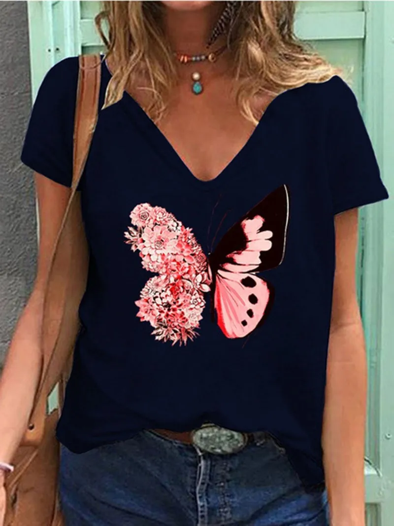 

V Neck Tshirt Women's Summer Casual Oversize Print Shirt Tops Loose Vintage Female Tee Streetwear Y2K Short Sleeve Clothes S-5XL