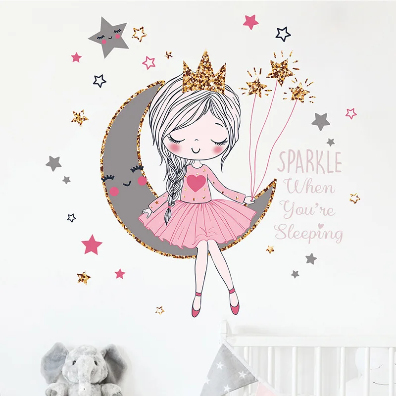 

Little princess moon female wall stickers children's room baby nursery room decoration wall decals pink girl decoration