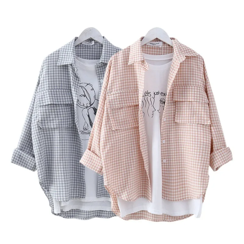 

Mazefeng New 2020 Spring Summer Women's Blouse Single-breasted Pockets Lapel Plaid Loose Elegant Casual Wild Long Tops