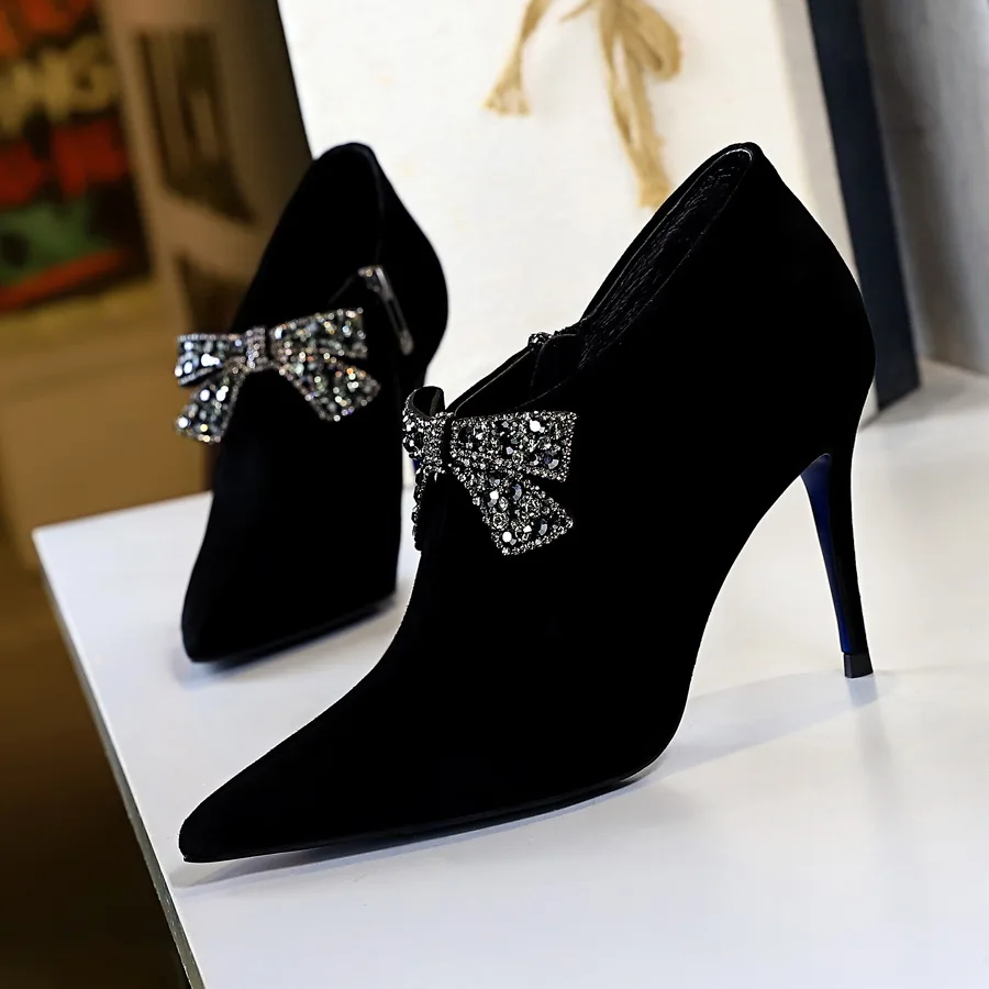 

New Suede Ankle Boots for Women crystal bow-knot Pointed Toe shoes zip High Heels boot Fashion Zapatos De Mujer black khaki