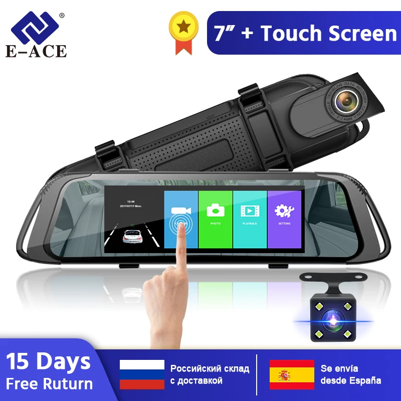 E-ACE 7,0 дюймов сенсорный Автомобильный видеорегистратор зеркало FHD 1080P видео рекордер Авто регистратор тире камера двойной объектив с камерой заднего вида