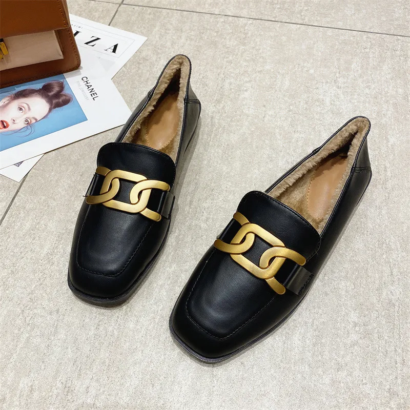 

Women Flat Loafers Shoes Style Vintage Shoes Metal Decoration Flats Slip On Winter Casual Fashion Flat shoes