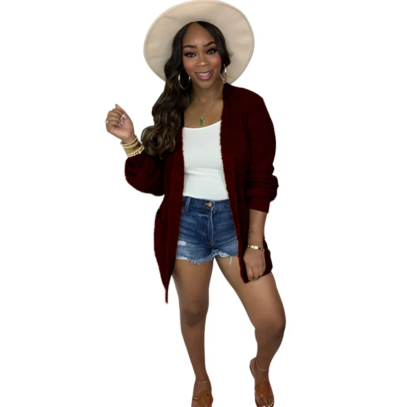 

Puls Size Solid Color Long Sleeves Fleece Cardigan with Pockets Women Coat New Arrival Autumn Warm Lovely Sweet Style Outfits
