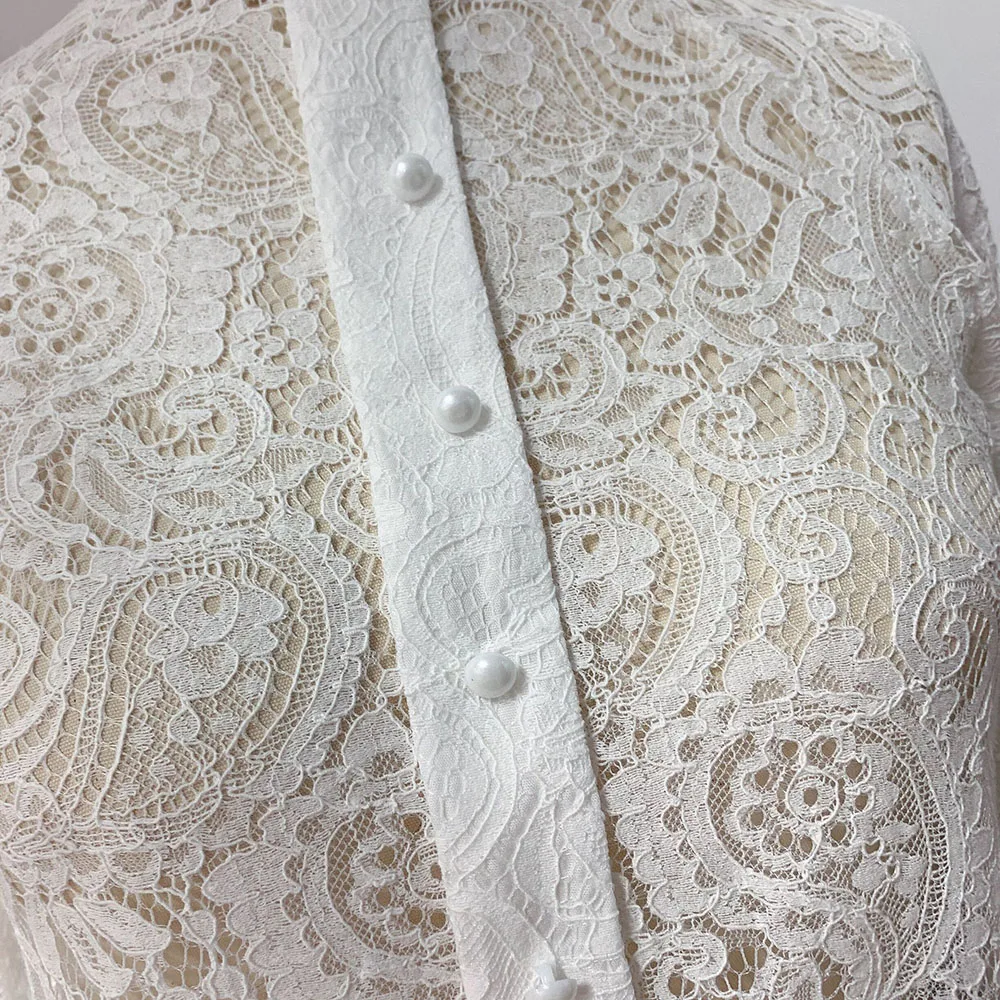 

Spring Autumn New Women's Lace Shirt With Stand-up Collar Button Decoration Hook Flower Hollow Lace Shirt Blouse Women 2021