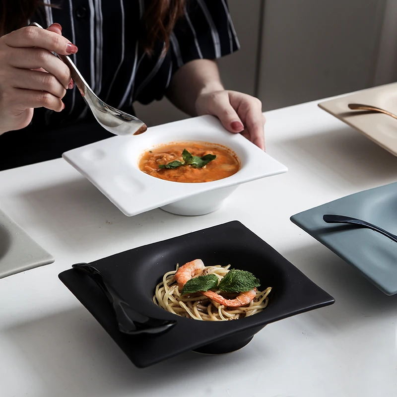 

7 Inch Art Ceramic White Soup Noodle Plate Fruit Salad Bowl with Spoon Home Ice Cream Dessert Bowl Hotel Restaurant Tableware