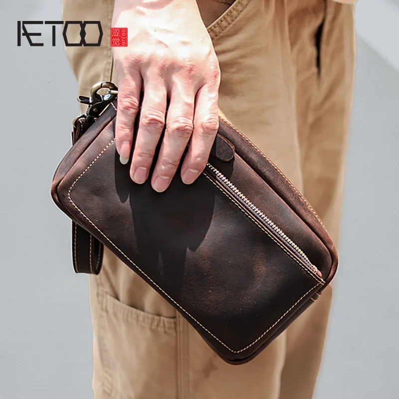 Мужская кожаная сумка AETOO винтажный кожаный длинный бумажник ручной работы