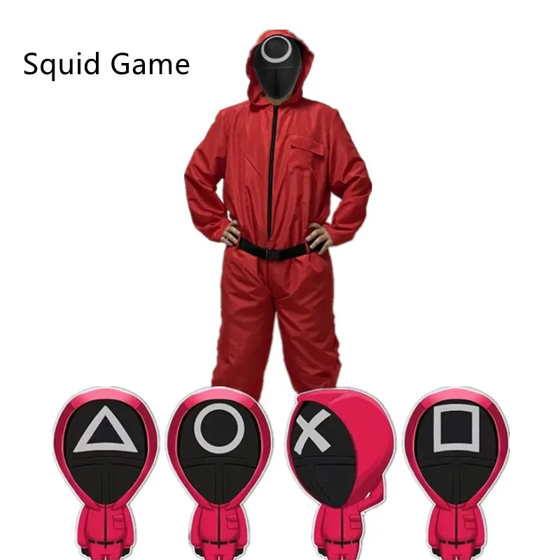 

squid game costume Red Jumpsuits Mask Set COS Disguise Korean Drama Halloween Christmas Horror Dress Up Round Six