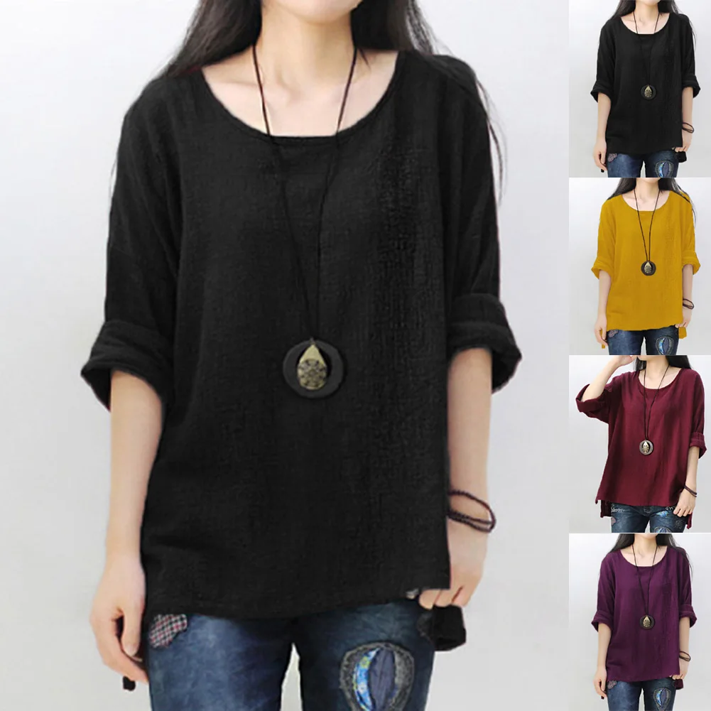 

Autumn Ladies Solid Color Shirt Casual Loose Pure Linen Women's T-Shirt Harajuku Style Female Long Sleeves Shirts