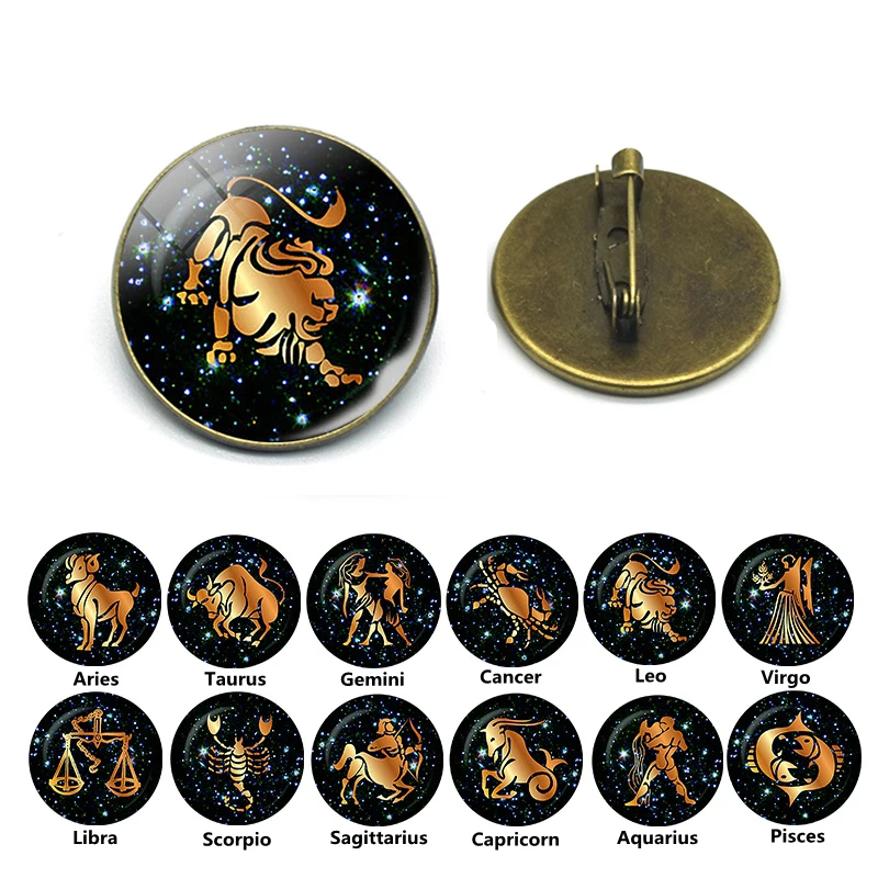 

12 Constellation Brooch Pins Zodiac Sign Copper Badge Gemini Cancer Leo Virgo Libra Scorpio Jewelry Birthday Gift Accessories