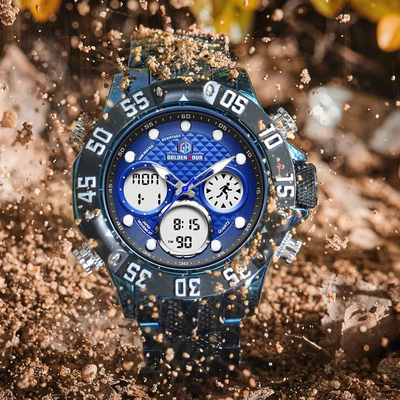 GOLDENHOUR 2019 новые мужские спортивные часы кварцевые цифровые Relogio Hombre