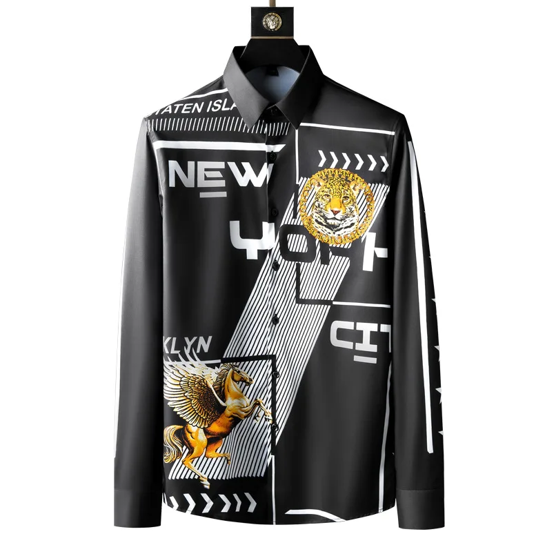 

High end European fashion brand men's long sleeve shirt trend versatile printed shirt slim light luxury comfortable 2021 NEW