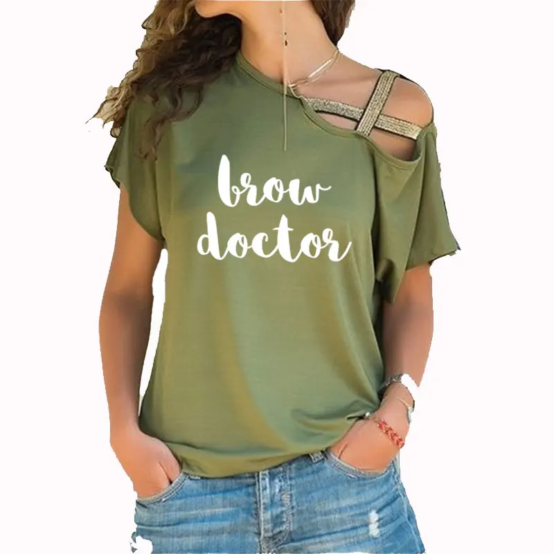 

Brow Doctor Print Summer New Cotton Woman Irregular Skew Cross Bandage Tshirt
