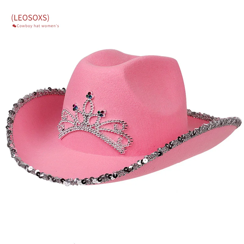 

LEOSOXS 2021 Western Style Sequins Tiara Cowgirl Hat Women Pink Wide Brim Cowboy Cap Holiday Cosplay Party Hats Summer Sun Hats