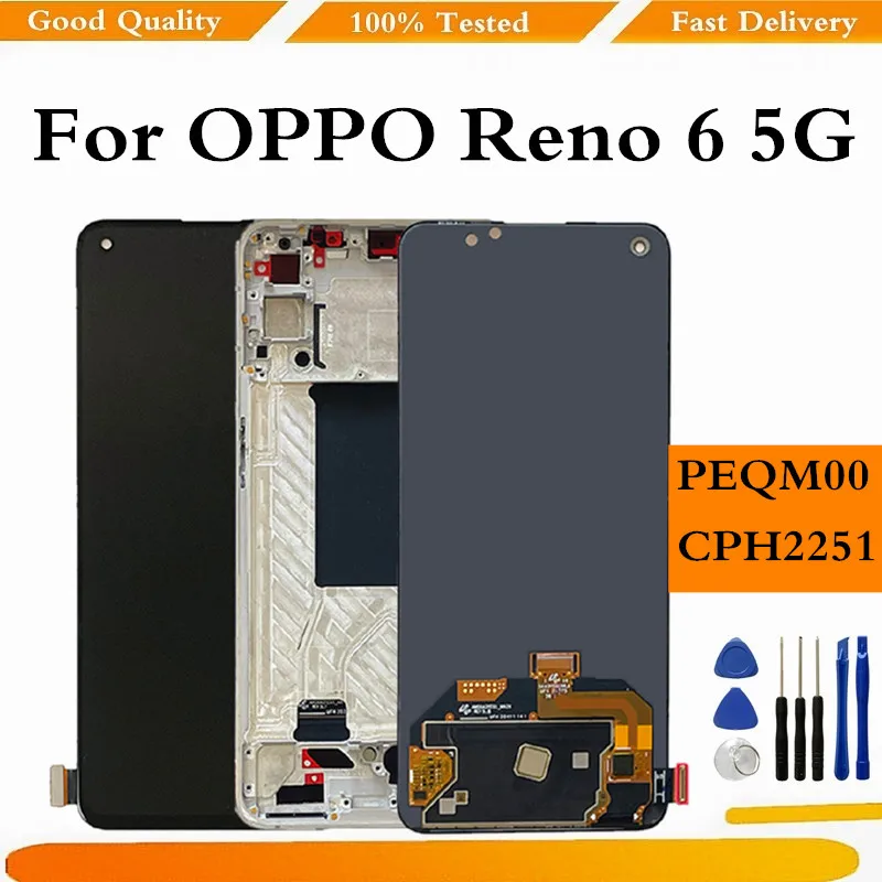 Pantalla LCD AMOLED para OPPO Reno6, 5G, Digitalizador de Panel t&aacute;ctil de pantalla para Reno 6, 5G, Reno6, PEQM00, CPH2251, LCD con marco-0