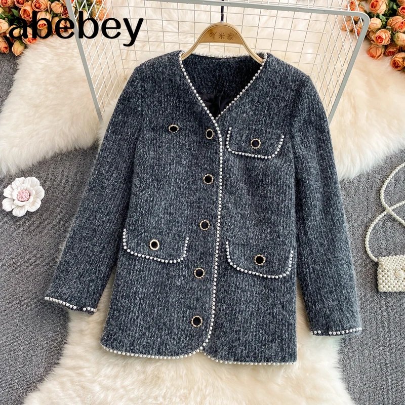 

2021 New Autumn Winter Fashion V-Neck long sleeved cardigan beaded decoration single breasted loose casual corduroy Jacket Top