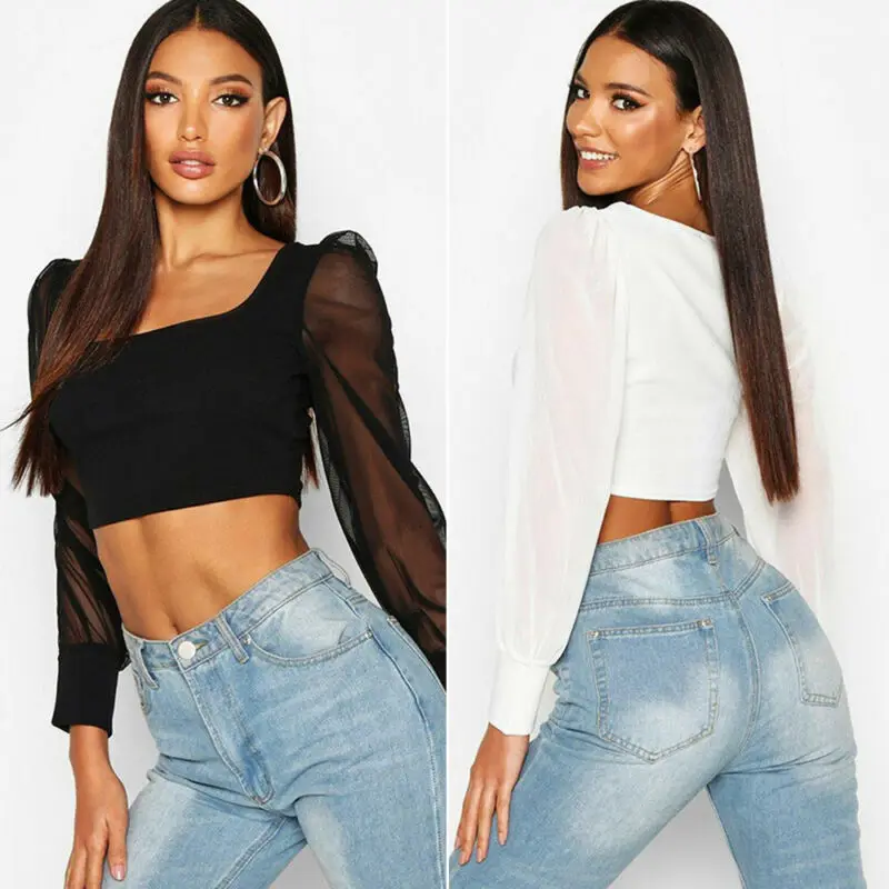 

2020 New Sexy Women Blouse Crop Top See Through Lace Mesh Sheer Long Sleeve Shirt Blouse Tops