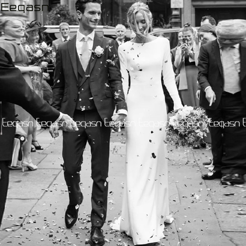 

Eeqasn Customized Vintage Mermaid Wedding Dresses 2020 Long Sleeve Backless Countryside Bride Wedding Dress vestido novia