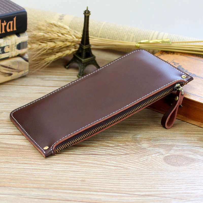 

Retro Long Genuine Leather Wallet 2021 New Stitching Brown Men's Wallet Cow Two-layer Leather Metal Zipper Women's Clutch Purse