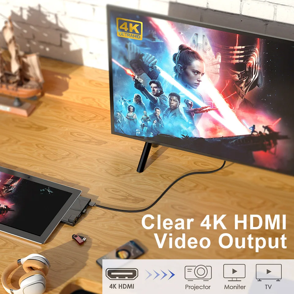 

USB C Hub for Surface Pro7 Dock Card Reader 4K HDMI-compatible RJ45 Gigabit Ethernet PD USB-C Adapter SD/TF for Microsoft Pro 7