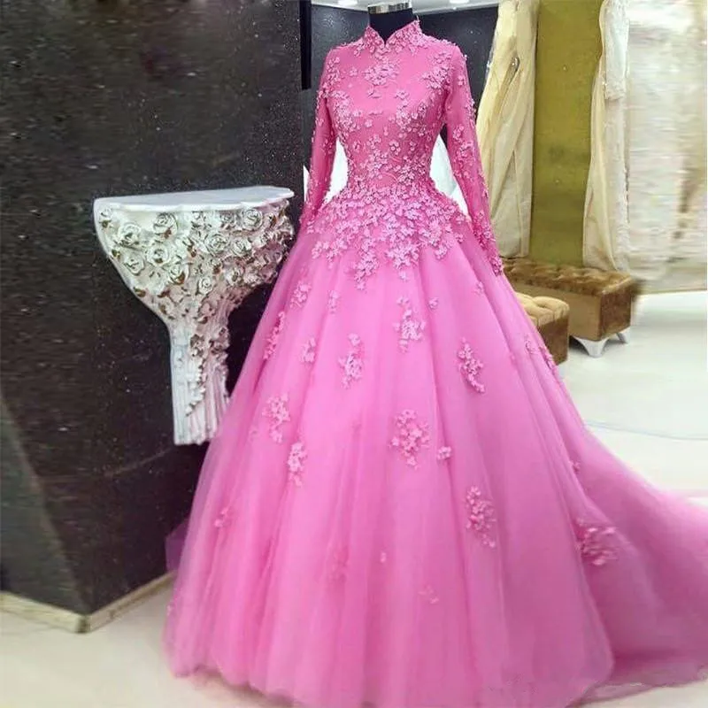 

Saudi Arabia wedding Dress Vintage High Neck Long Sleeves wedding Gowns With Applique Lace Pink bridal dress Robe de soiree