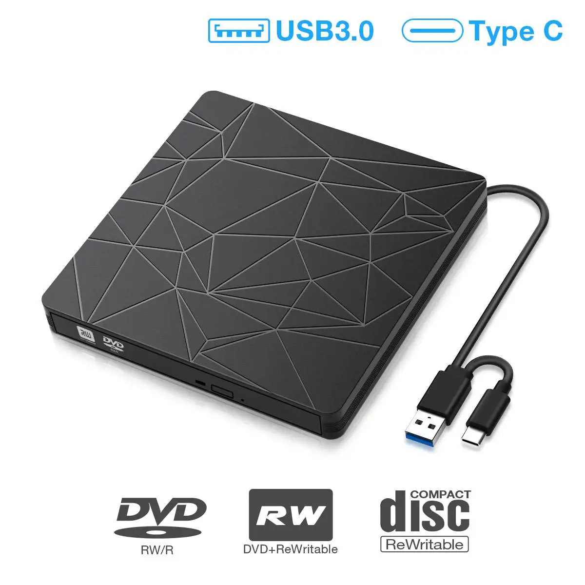 

Внешний DVD-привод USB 3,0, внешний CD-проигрыватель, портативный USB C Type-C DVD CD RW оптический привод ROM USB, записывающее устройство для ноутбука, ПК