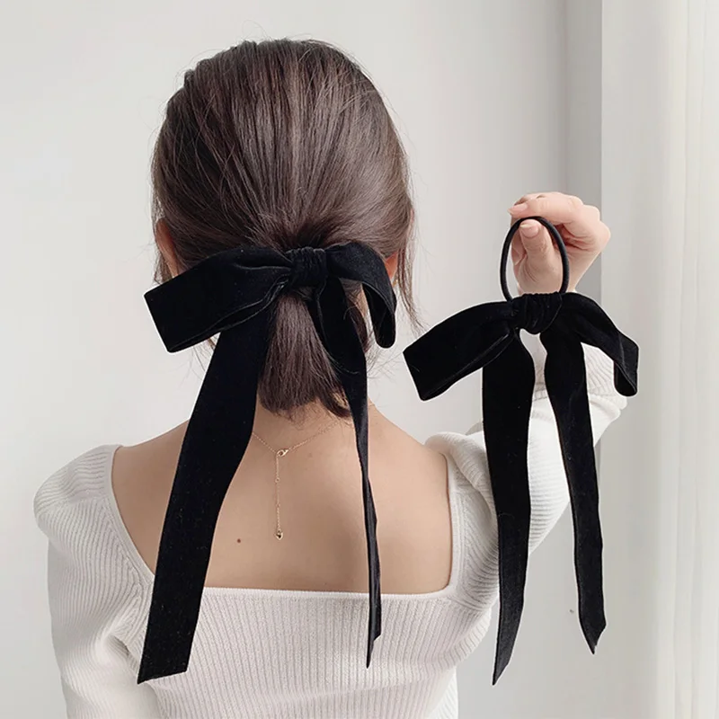 

Women Long Elastic Hair Tie Headwear Girls Scrunchie Vintage Black Bow Hair Rope Velvet Bow Hair Ribbon Female Hair Accessories