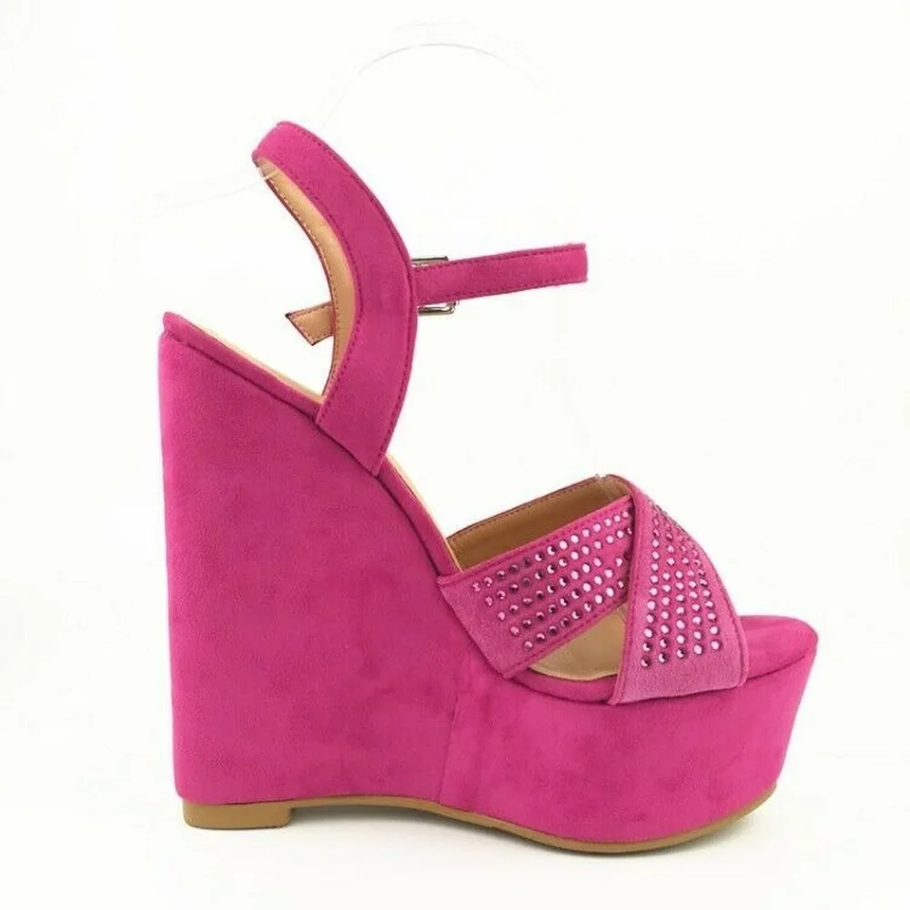 

High Wedge Heels Sandals Slingbacks Suede Rhinestones Ankle Strap Shoes Womens Ladies Plus Size New 2021