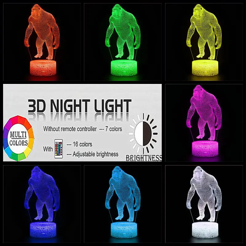 3d-лампа в виде животного Горилла орангутан USB RGB Illsuion ночсветильник многоцветный