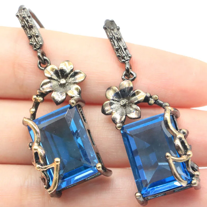 

49x18mm Neo-Gothic New Statement Jewelry Set 15g Created London Blue Topaz For Women Gift Black Gold Silver Earrings Pendant