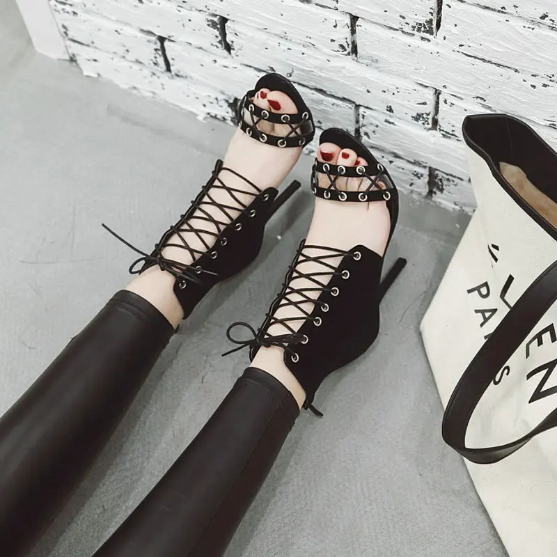 

Sianie Tianie plus size 33-46 peep toe party sexy female shoes lace up cross-tied high heels zipper back women gladiator sandals