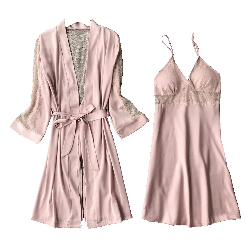 

042 Women Faux Silk Robe Set Bride Wedding Robe Gown Lace With Paded Sexy Kimono Bathrobe Night Dress Casual Nightgown Sleepwear