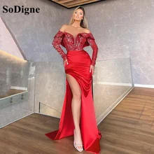 Sodigne glitter lantejoulas vestido de noite vermelho fora do ombro mangas compridas dubai vestido formal lado dividir vestidos de festa femininos (3)
