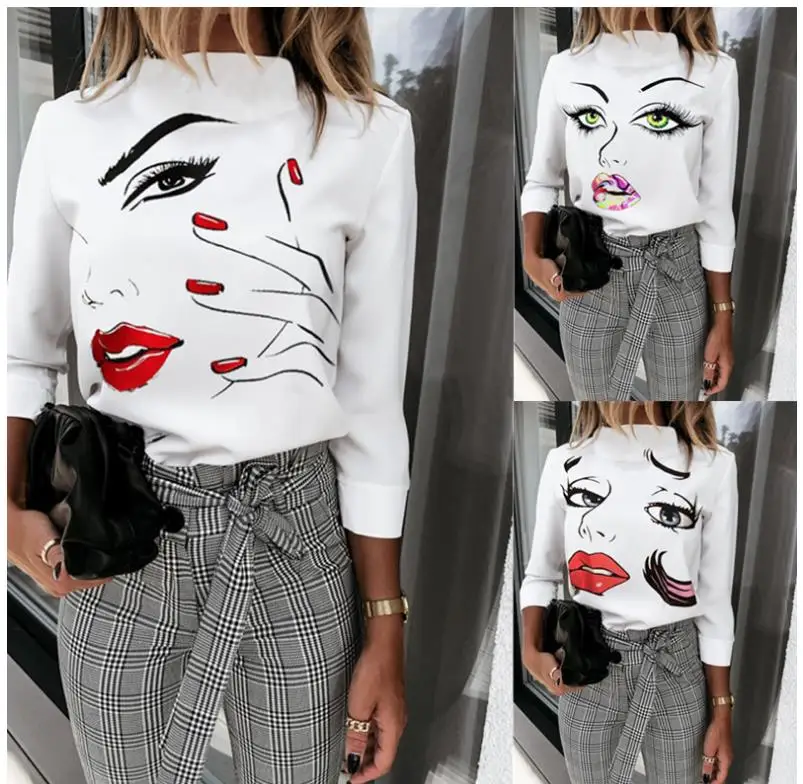 Женская новая блузка с принтом губ рубашки 2020 элегантный женский пуловер круглым