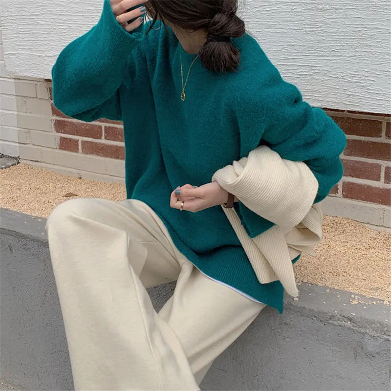 

HziriP Loose Thicken Streetwear Outwear Knitted Casual 2021 O-Neck Vintage Tops Elegant Solid Long Sleeve Sweater New Sweaters