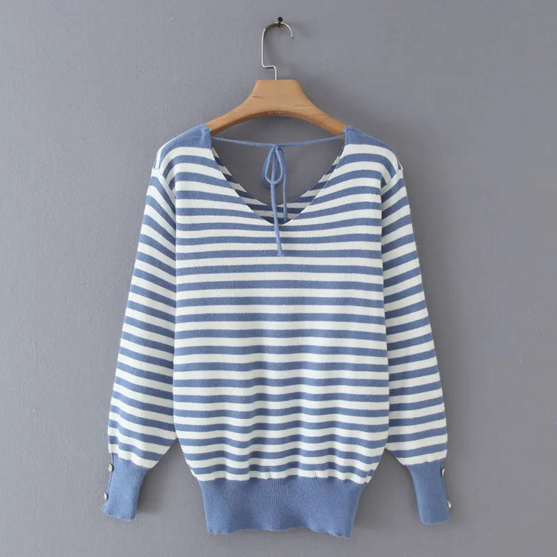 new spring autumn women v neck striped casual slim knitted sweaters ladies long sleeve back lace up thin sweater tops S148 | Женская