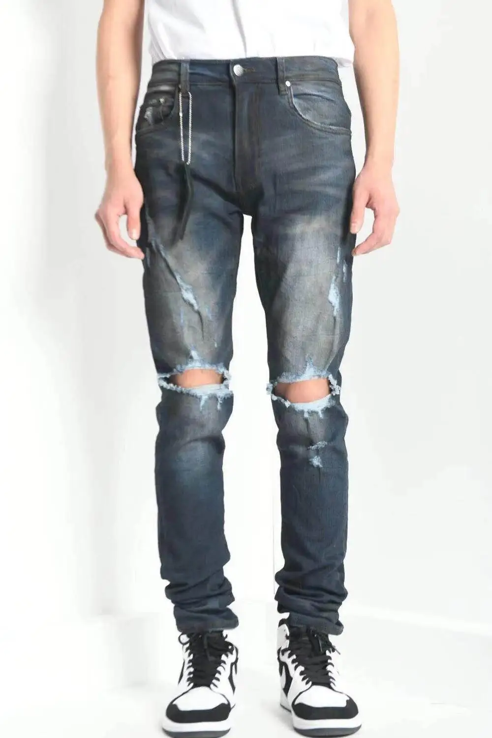 Супер Скидка мужские эластичные темные потертые джинсы цвета индиго HM225|Мужские