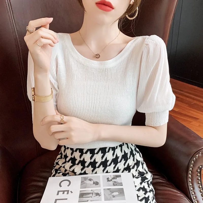 

ZAWAHIKI Elegant Ice Silk Knitted Pullover Summer O Neck Puff Short Sleeve Slim Bodycon Thin Tops Solid Inside Women Clothing
