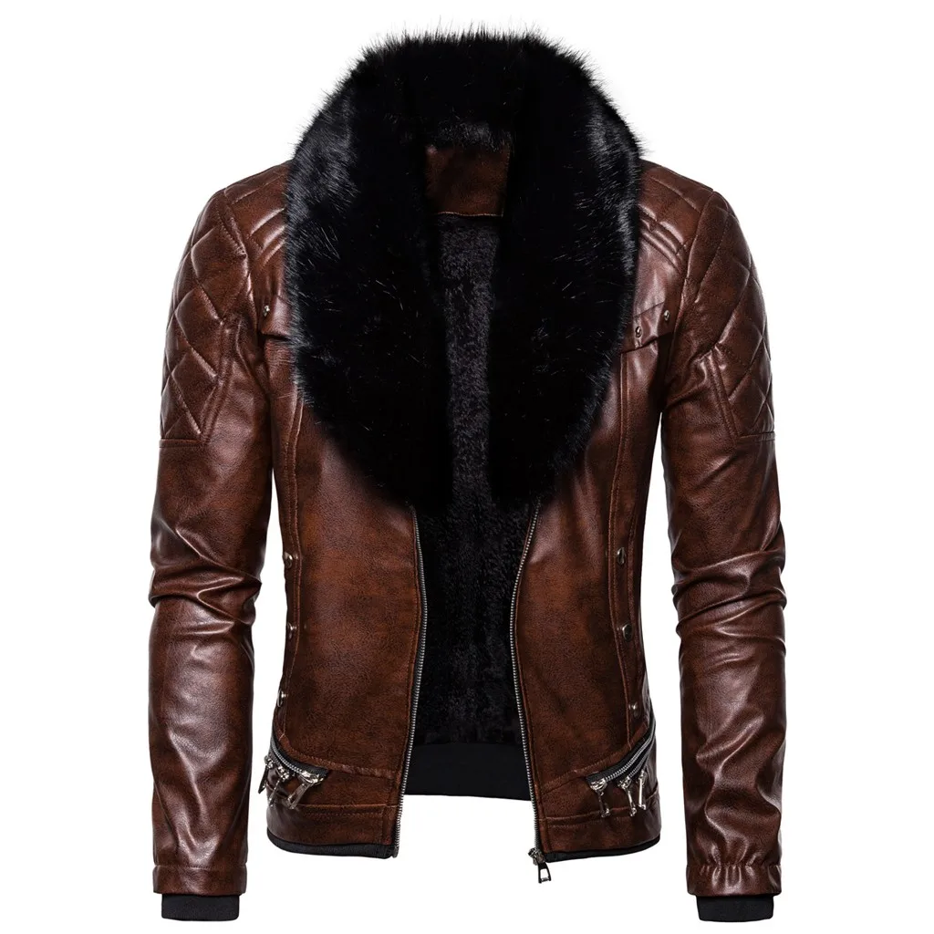 Coffee Erkek, Монт, chaqueta hombre, зимнее пальто для мужчин, кожа, Ретро стиль, паровой карман, молния, меховой воротник, панк, готика, ретро пальто, veste homme - Цвет: Coffee