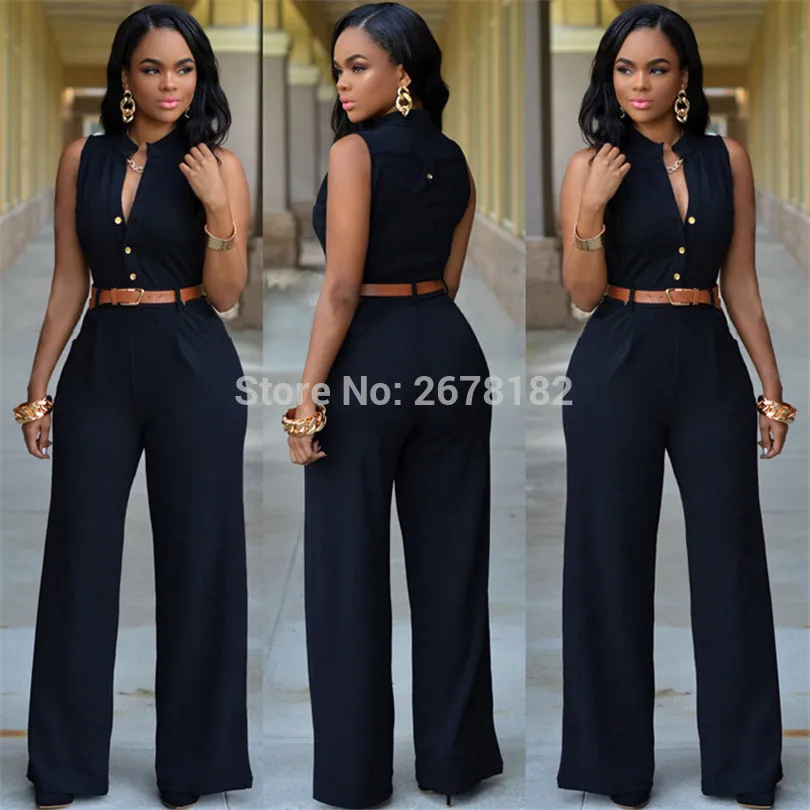 2018 Sleeveless sexy v neck loose wide leg long pant jumpsuit women romper fashion tunic office party outfit blue overalls | Женская