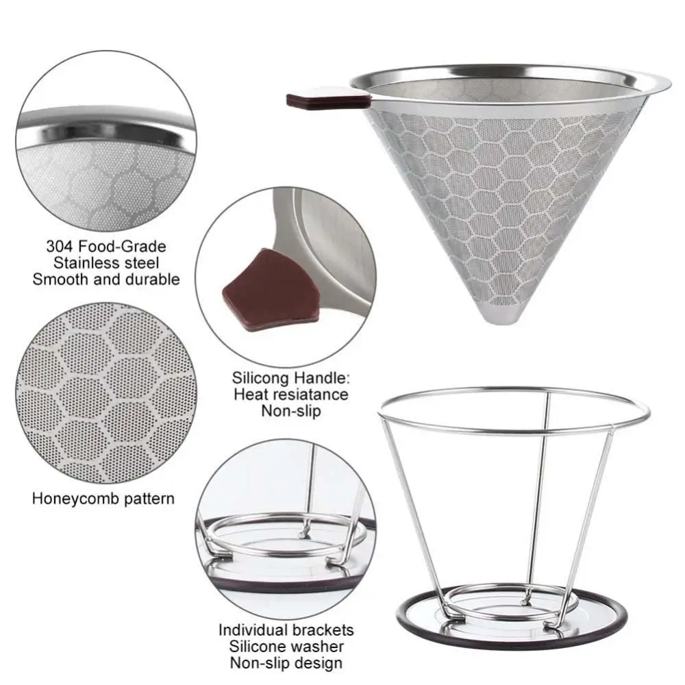 Reusable Coffee Filter Durable Stainless Steel Holder Mesh Funnel Baskets Pour Over Dripper Strainer Tool | Дом и сад
